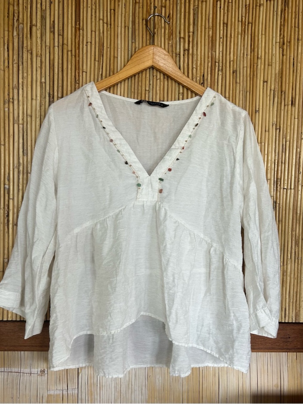 Zara White V-Neck Peasant Blouse Small Beading Stones Peplum Boho Beachy Hippie
